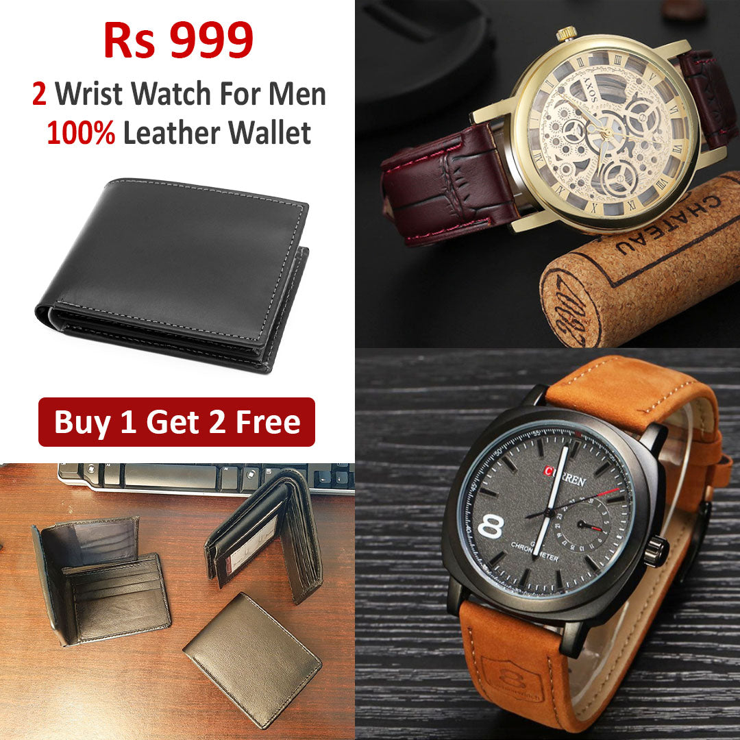 2 Imported Leather Strap Wrist Watches & Original Leather Wallets For Men